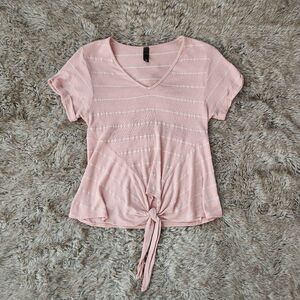 ALYA V-Neck Tie Front Short Sleeve Tee Pink and White Striped Size Medium‎